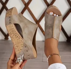 Womens Sandals Retro Thick Platform Heels Wedge Sandals, Open Toe Slip On Women Summer Shoes