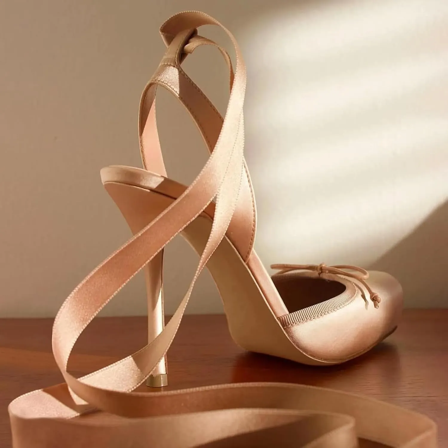Women's Satin Ballet Slingback High Heels with Bows Closed Square Toe Lace-Up Stiletto Pumps Elegant Mary Jane Shoes for Wedding Party