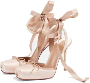 Women's Satin Ballet Slingback High Heels with Bows Closed Square Toe Lace-Up Stiletto Pumps Elegant Mary Jane Shoes for Wedding Party