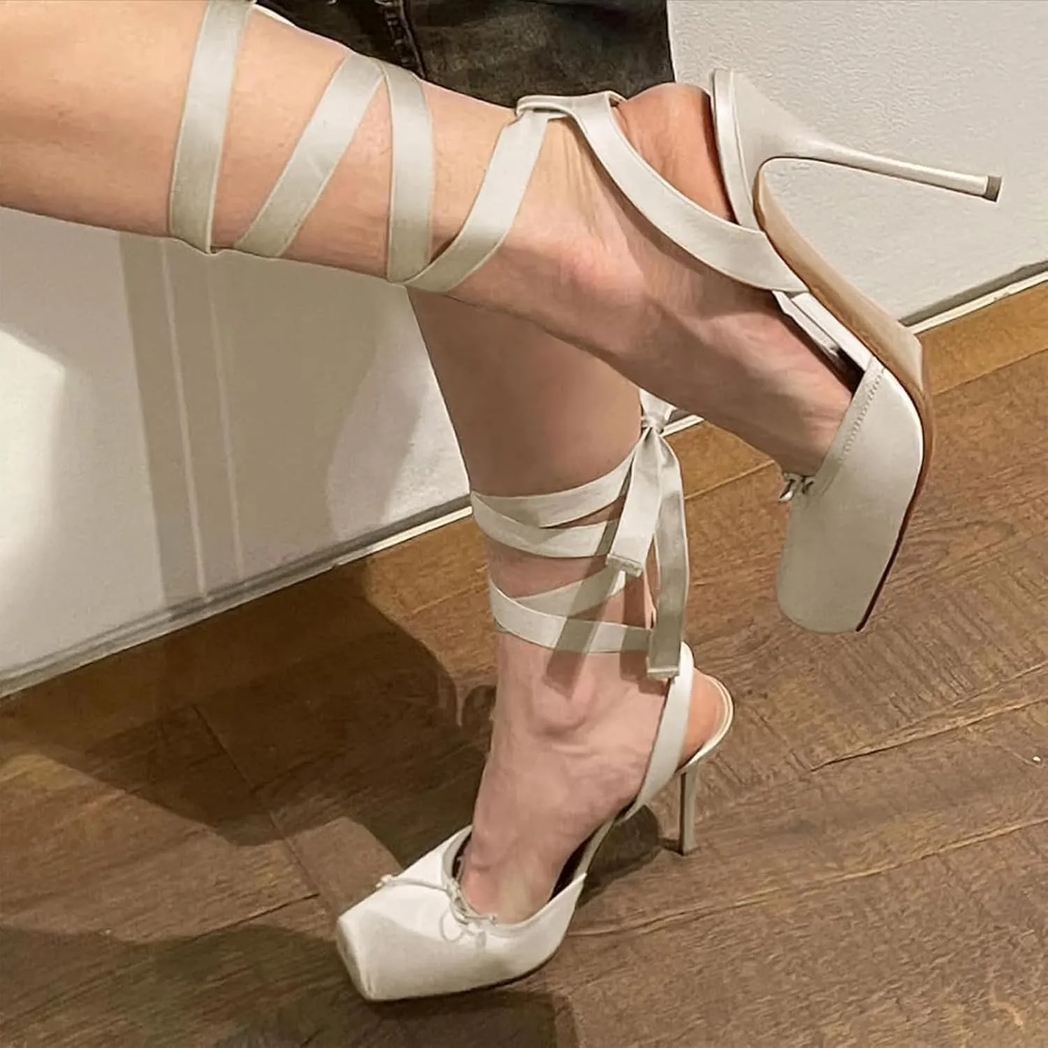 Women's Satin Stiletto Heels - Elegant Ballet Slingback Pumps with Bow Accents, Square Toe & Lace-Up Closure for Wedding, Party, Special Occasions