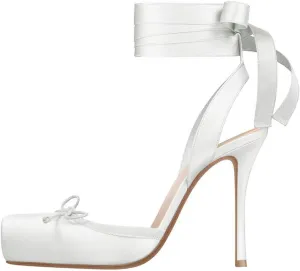 Women's Satin Stiletto Heels - Elegant Ballet Slingback Pumps with Bow Accents, Square Toe & Lace-Up Closure for Wedding, Party, Special Occasions