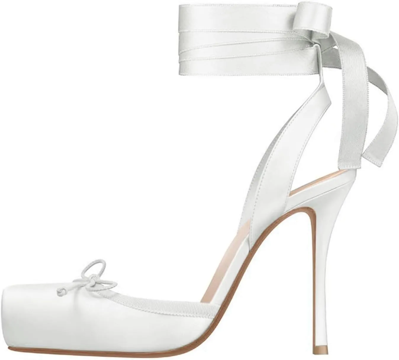Women's Satin Stiletto Heels - Elegant Ballet Slingback Pumps with Bow Accents, Square Toe & Lace-Up Closure for Wedding, Party, Special Occasions