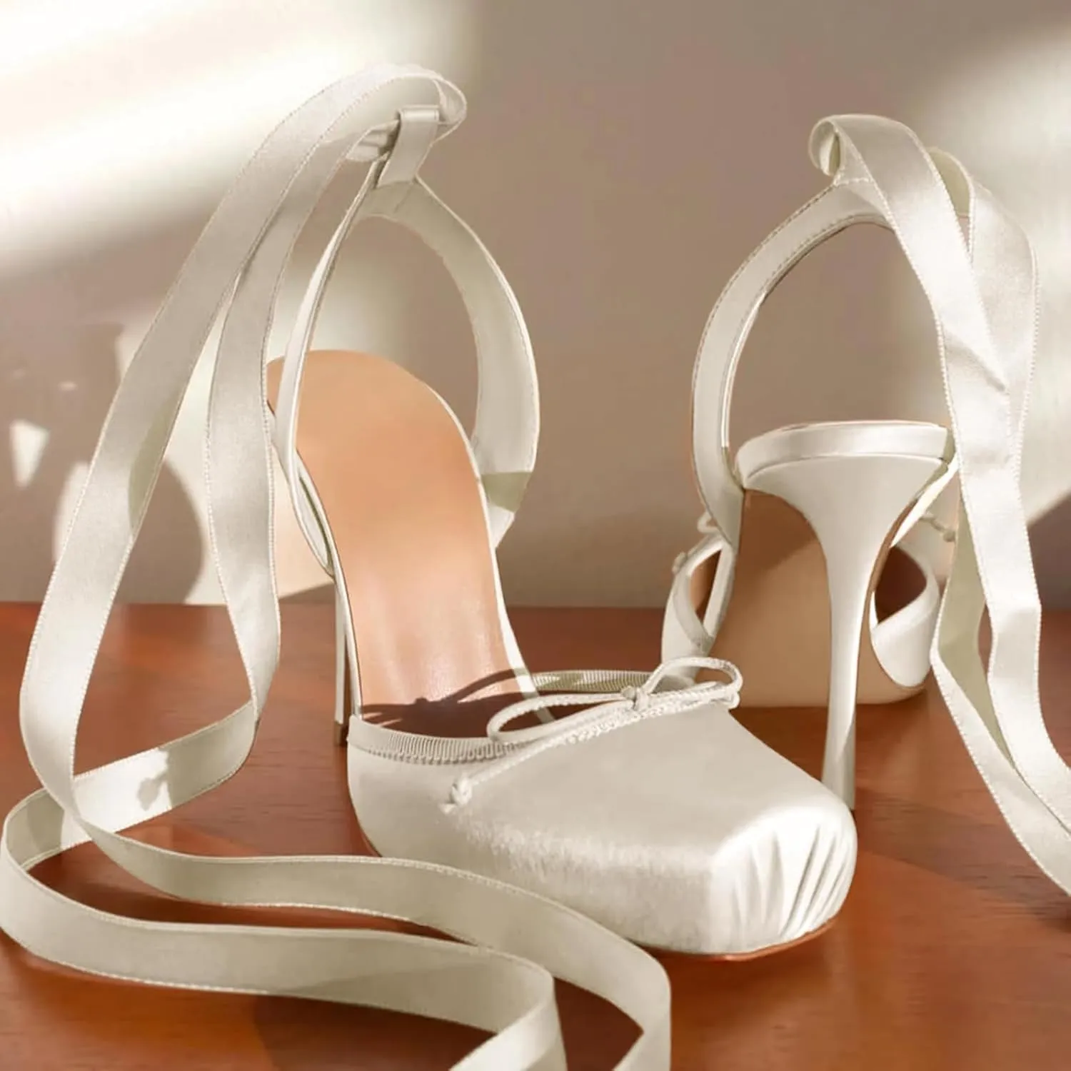 Women's Satin Stiletto Heels - Elegant Ballet Slingback Pumps with Bow Accents, Square Toe & Lace-Up Closure for Wedding, Party, Special Occasions
