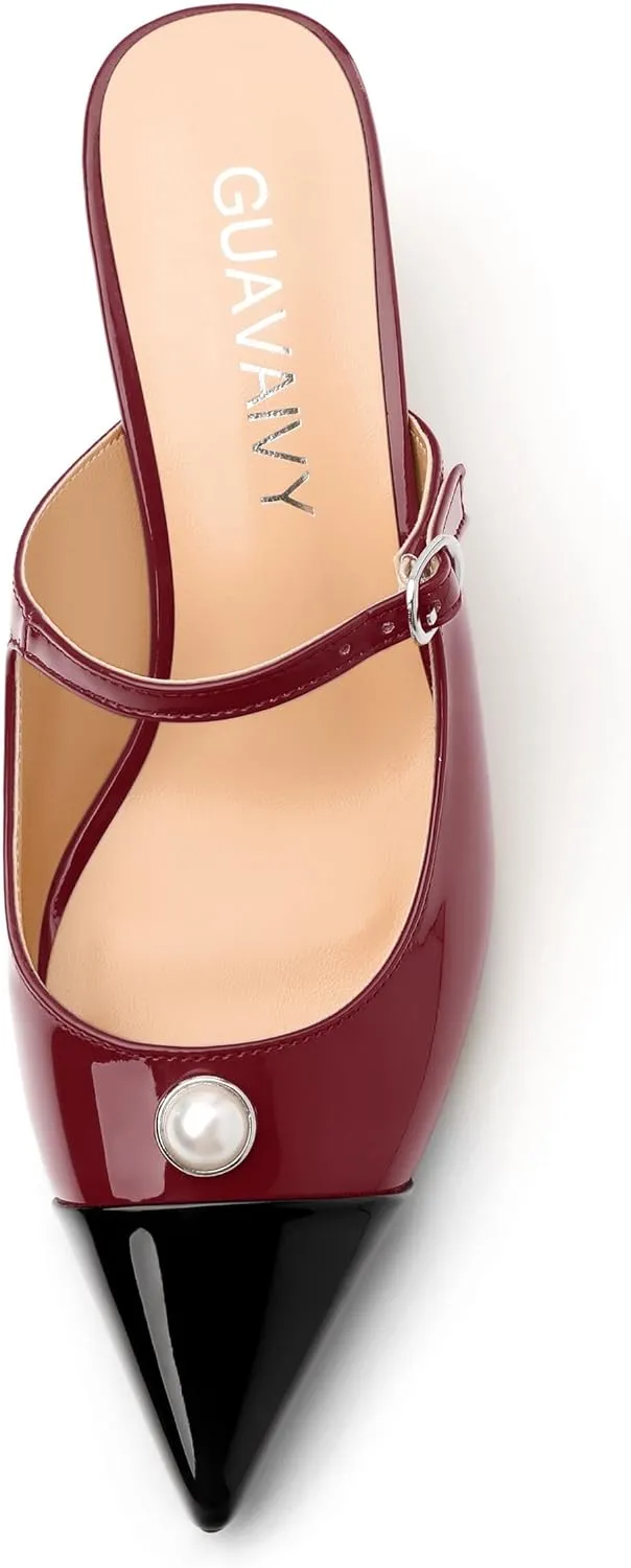 Women's Slide Sandals, Backstrap Buckle Low Kitten Heels, Two Toned Patchwork Pointed Toe, Fashion Party Daily Dress Shoes for Women