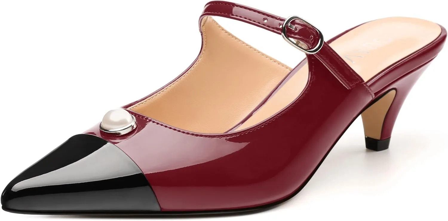 Women's Slide Sandals, Backstrap Buckle Low Kitten Heels, Two Toned Patchwork Pointed Toe, Fashion Party Daily Dress Shoes for Women