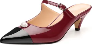 Women's Slide Sandals, Backstrap Buckle Low Kitten Heels, Two Toned Patchwork Pointed Toe, Fashion Party Daily Dress Shoes for Women