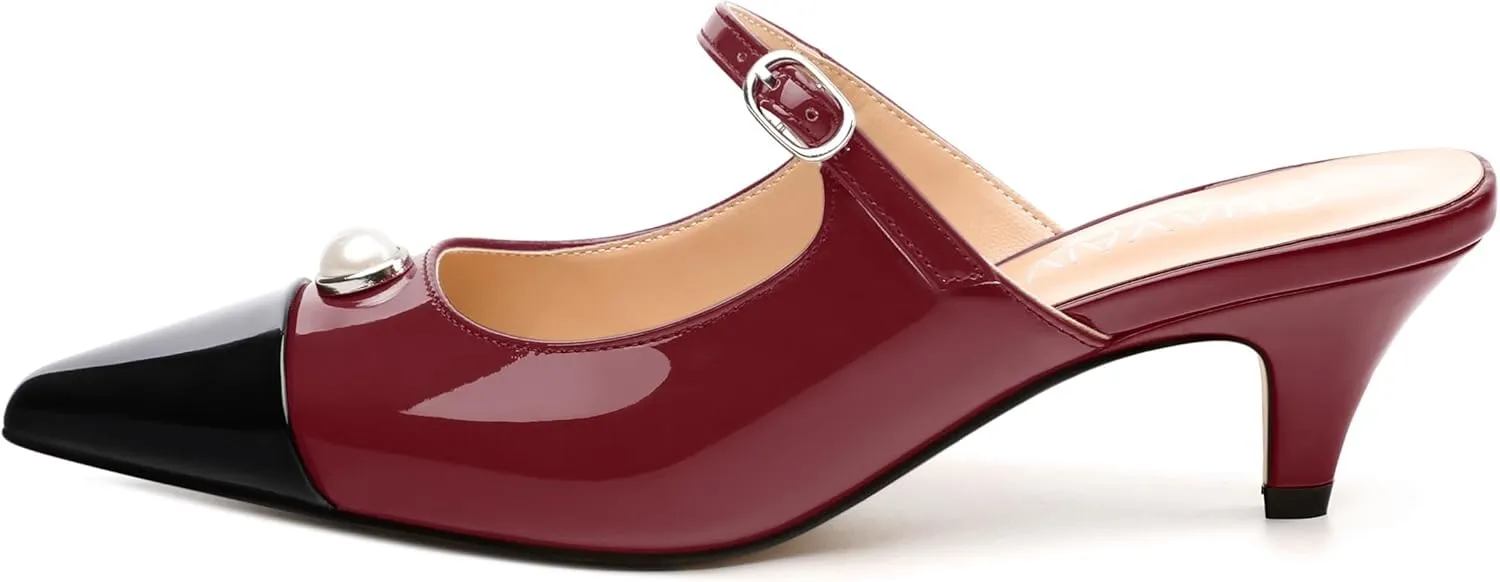 Women's Slide Sandals, Backstrap Buckle Low Kitten Heels, Two Toned Patchwork Pointed Toe, Fashion Party Daily Dress Shoes for Women