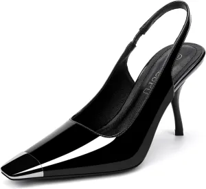 Women's Slingback Heels Metal Square Toe High Heels Stiletto Heel Backless Pumps Party Dress Shoes