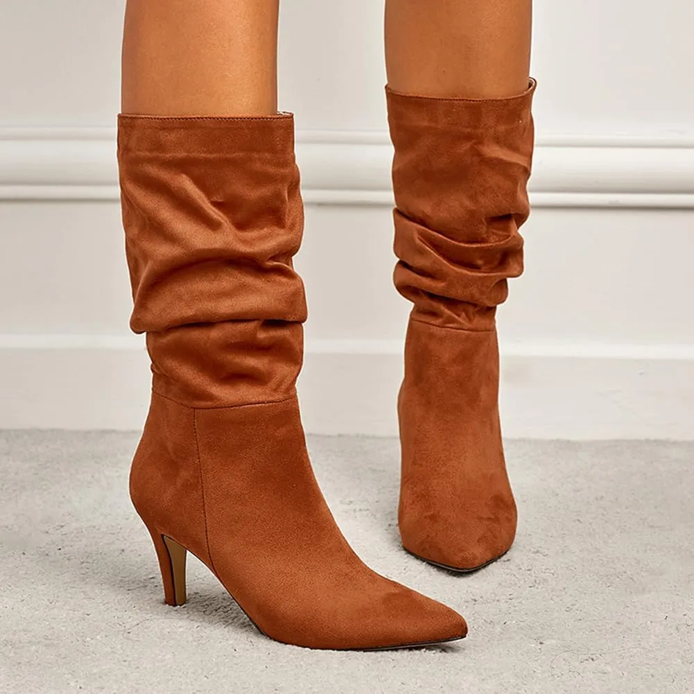 Women's Slouch Mid Calf Boots Stiletto Heel Mid High Suede Boots
