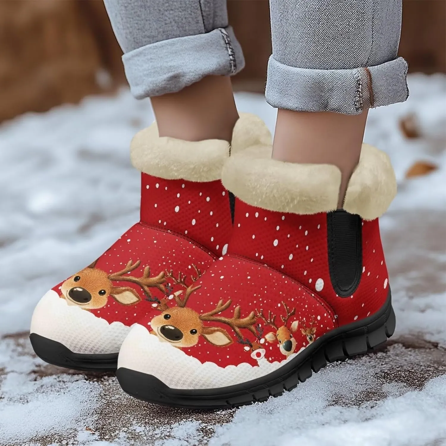 Women's Snow Boots Christmas Casual Winter Hiking Boots Comfy Lightweight Soft EVA Sole Anti-Skid Boots for Outdoor Indoor Travel US 6-12 Black Sole