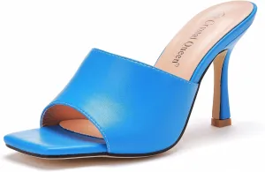 Women's Square Open Toe Heeled Sandals Slippers White Stiletto Heels Sandals Fashion Casual Peep Toe Slippers Slip On Mule Slide Sandal