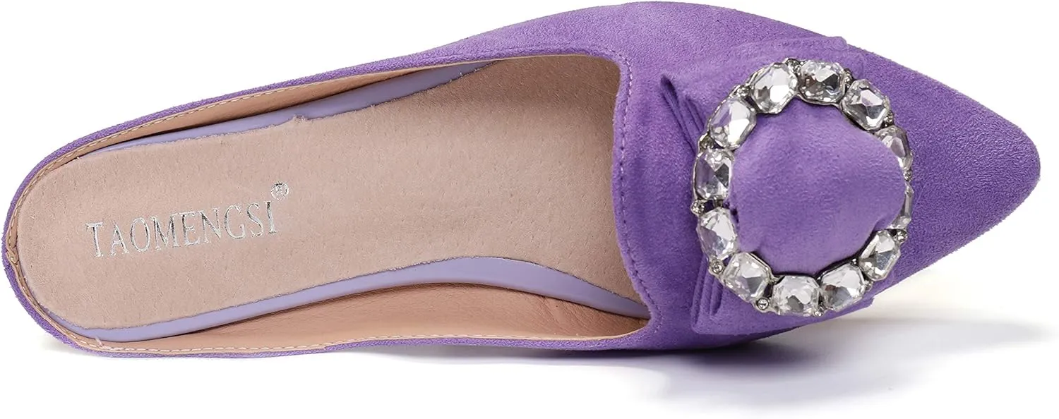 Women's Suede Leather Mules Mules for Woman Rhinestone Flats Comfortable Slip on Women Mule Shoe