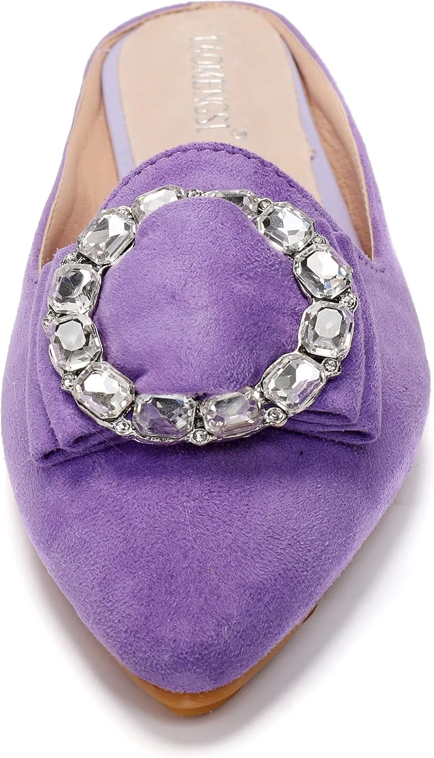 Women's Suede Leather Mules Mules for Woman Rhinestone Flats Comfortable Slip on Women Mule Shoe