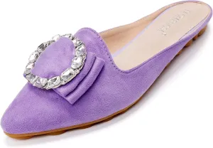 Women's Suede Leather Mules Mules for Woman Rhinestone Flats Comfortable Slip on Women Mule Shoe
