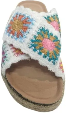 Women'S Thick Soled Hemp Rope Edge Sandals With Flat Flower Crochet And Cork Toe Exposed Summer Beach Slippers