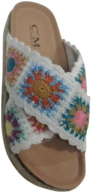 Women'S Thick Soled Hemp Rope Edge Sandals With Flat Flower Crochet And Cork Toe Exposed Summer Beach Slippers