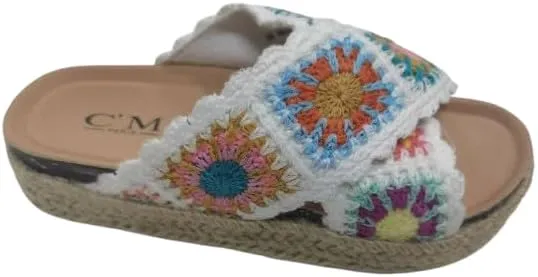 Women'S Thick Soled Hemp Rope Edge Sandals With Flat Flower Crochet And Cork Toe Exposed Summer Beach Slippers