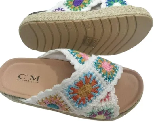 Women'S Thick Soled Hemp Rope Edge Sandals With Flat Flower Crochet And Cork Toe Exposed Summer Beach Slippers