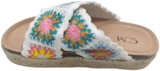 Women'S Thick Soled Hemp Rope Edge Sandals With Flat Flower Crochet And Cork Toe Exposed Summer Beach Slippers