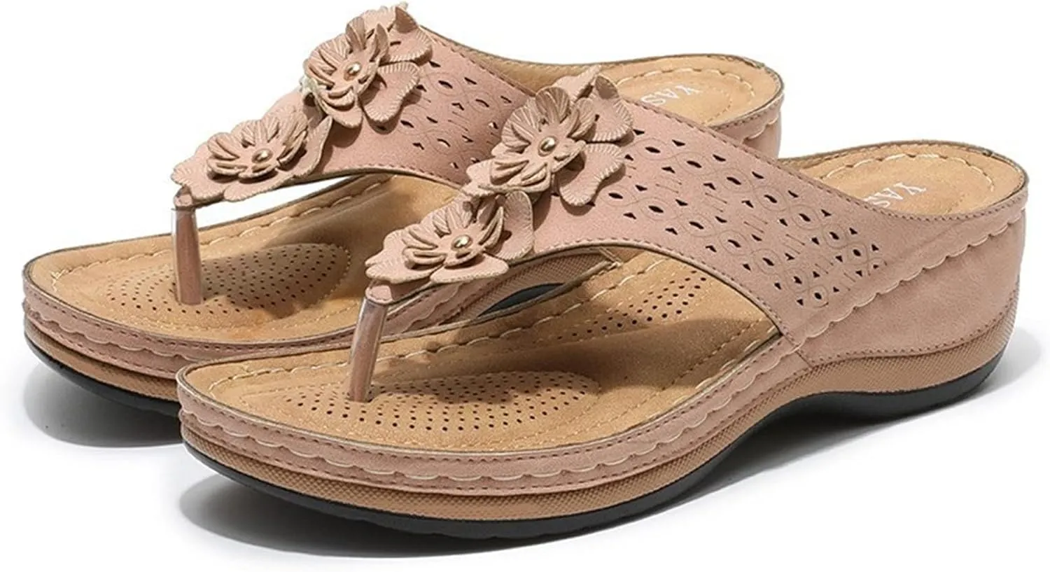 Women's Vintage 3D Floral Cutout Sandals with Arch Support Flip Flops,Bohemian Wedge Open Toe Casual Walking Beach Sandals