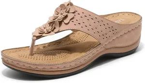 Women's Vintage 3D Floral Cutout Sandals with Arch Support Flip Flops,Bohemian Wedge Open Toe Casual Walking Beach Sandals