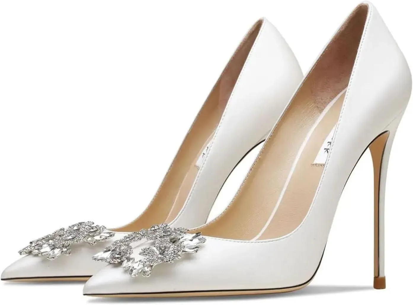 Women's Wedding Rhinestone Heels, White Pointed Toe Bridal Pumps