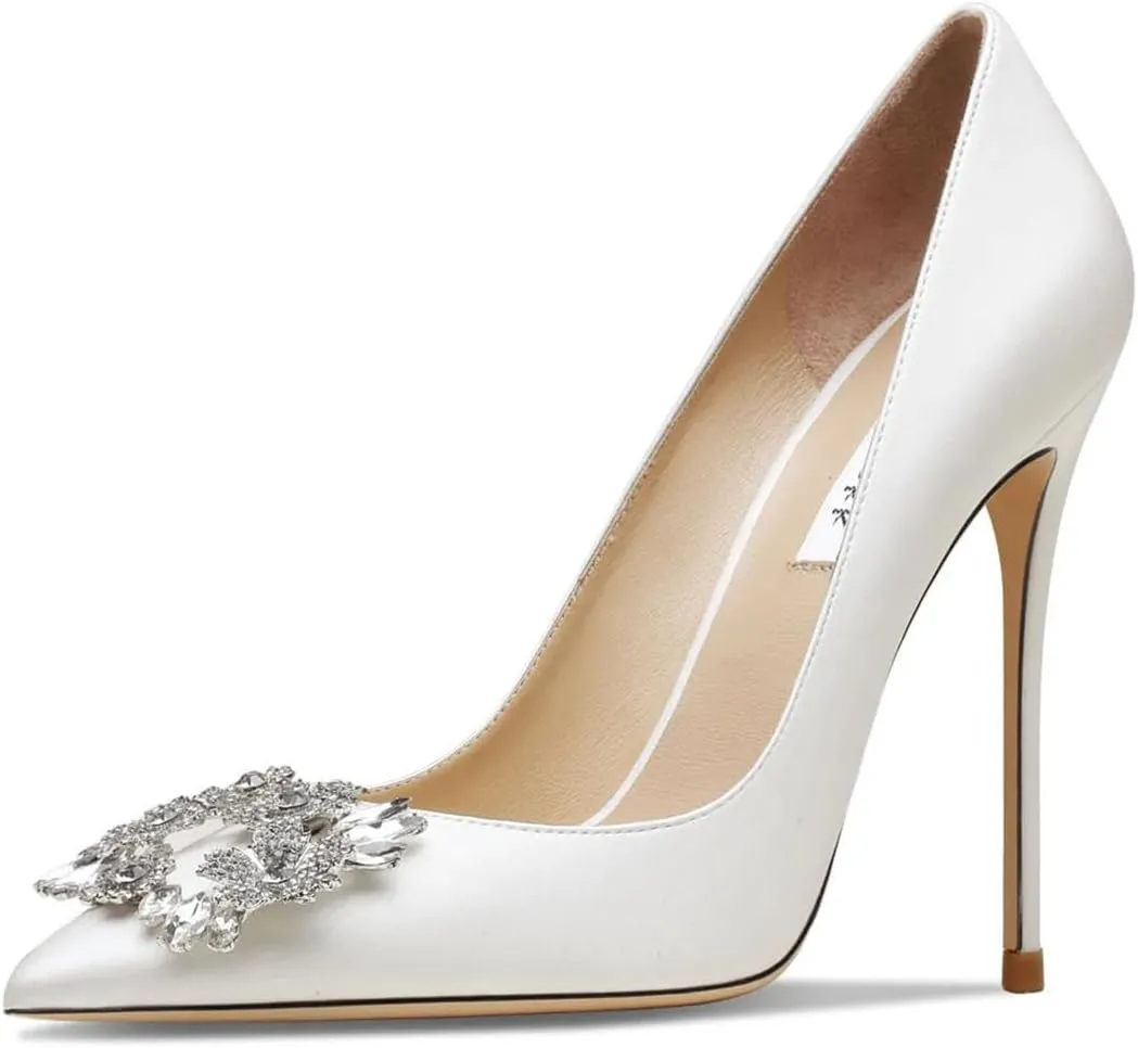 Women's Wedding Rhinestone Heels, White Pointed Toe Bridal Pumps