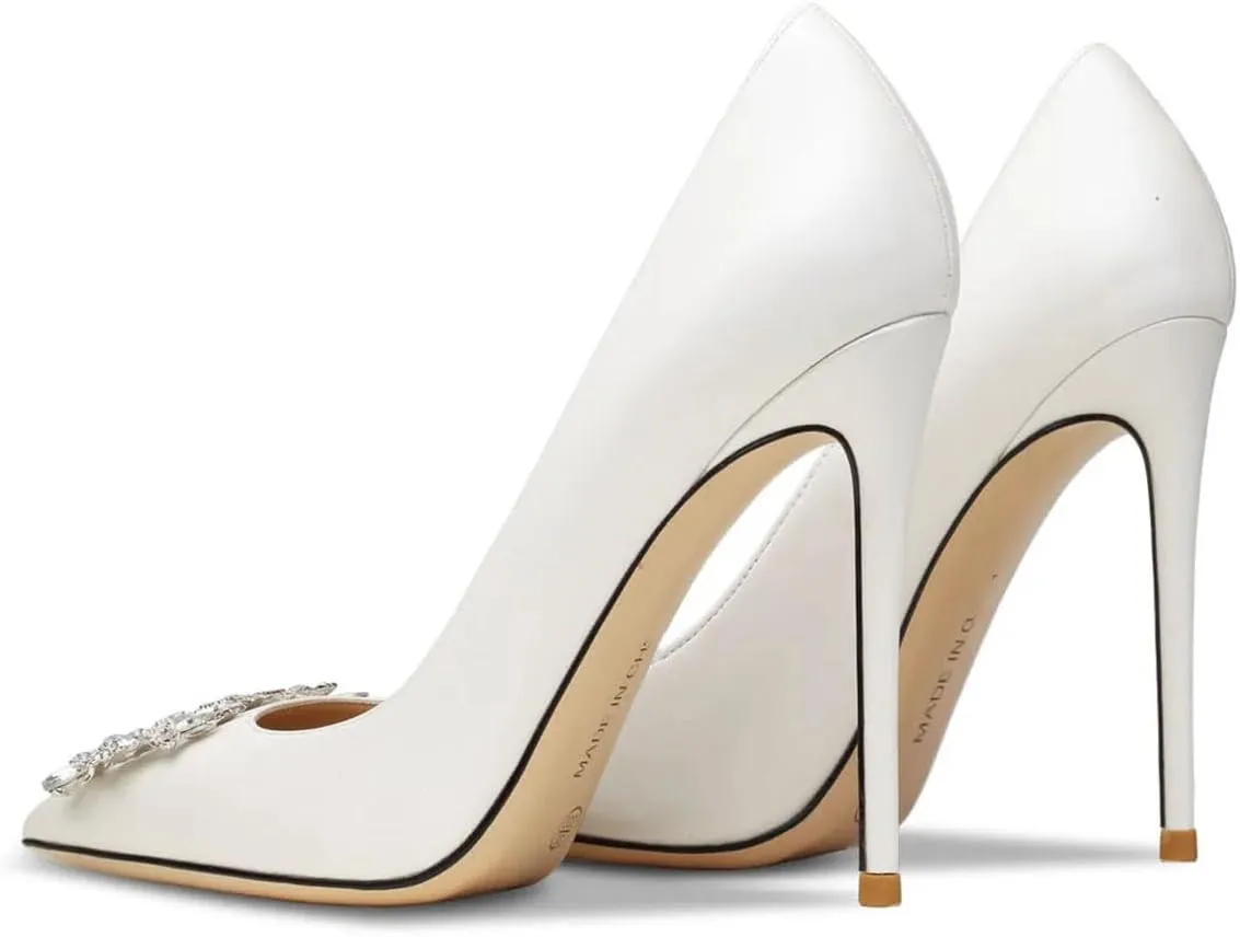 Women's Wedding Rhinestone Heels, White Pointed Toe Bridal Pumps