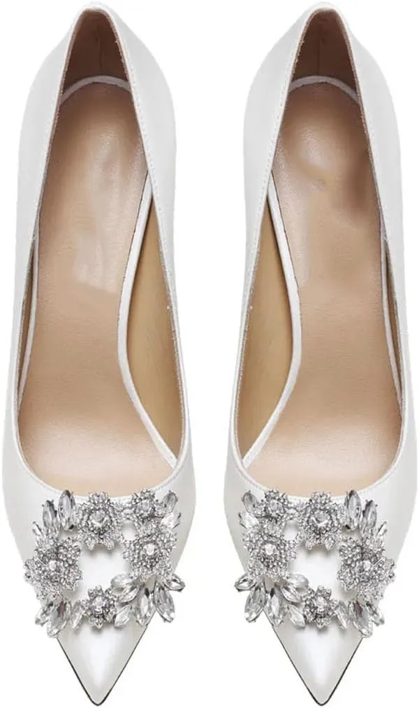 Women's Wedding Rhinestone Heels, White Pointed Toe Bridal Pumps