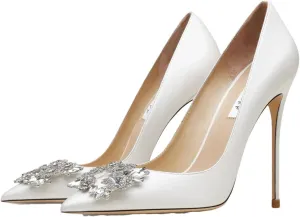 Women's Wedding Rhinestone Heels, White Pointed Toe Bridal Pumps