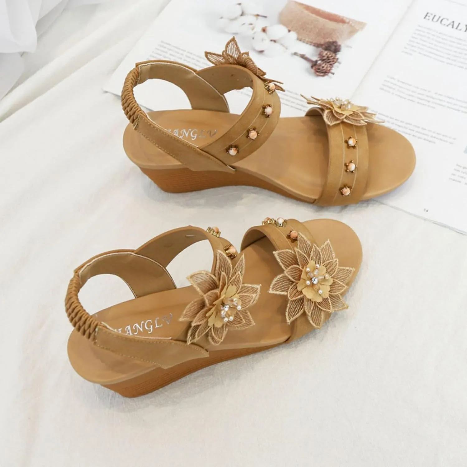 Womens Wedge High Heels Sandals Open Toe Elastic Ankle Strap Arch Support Bohemia Breathable Elegant Dream Sandals Comfortable Walking Slip on Shoes