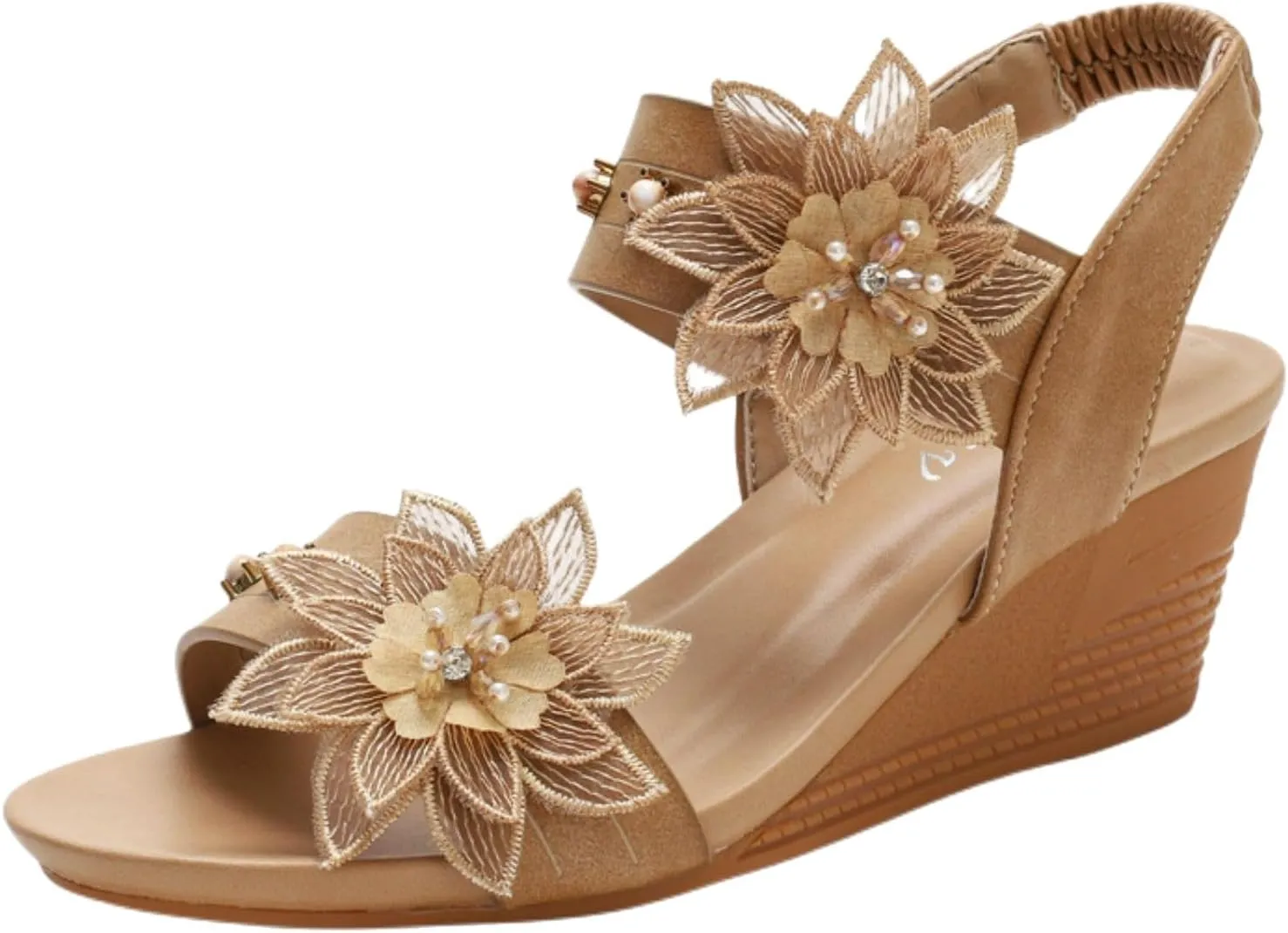 Womens Wedge High Heels Sandals Open Toe Elastic Ankle Strap Arch Support Bohemia Breathable Elegant Dream Sandals Comfortable Walking Slip on Shoes