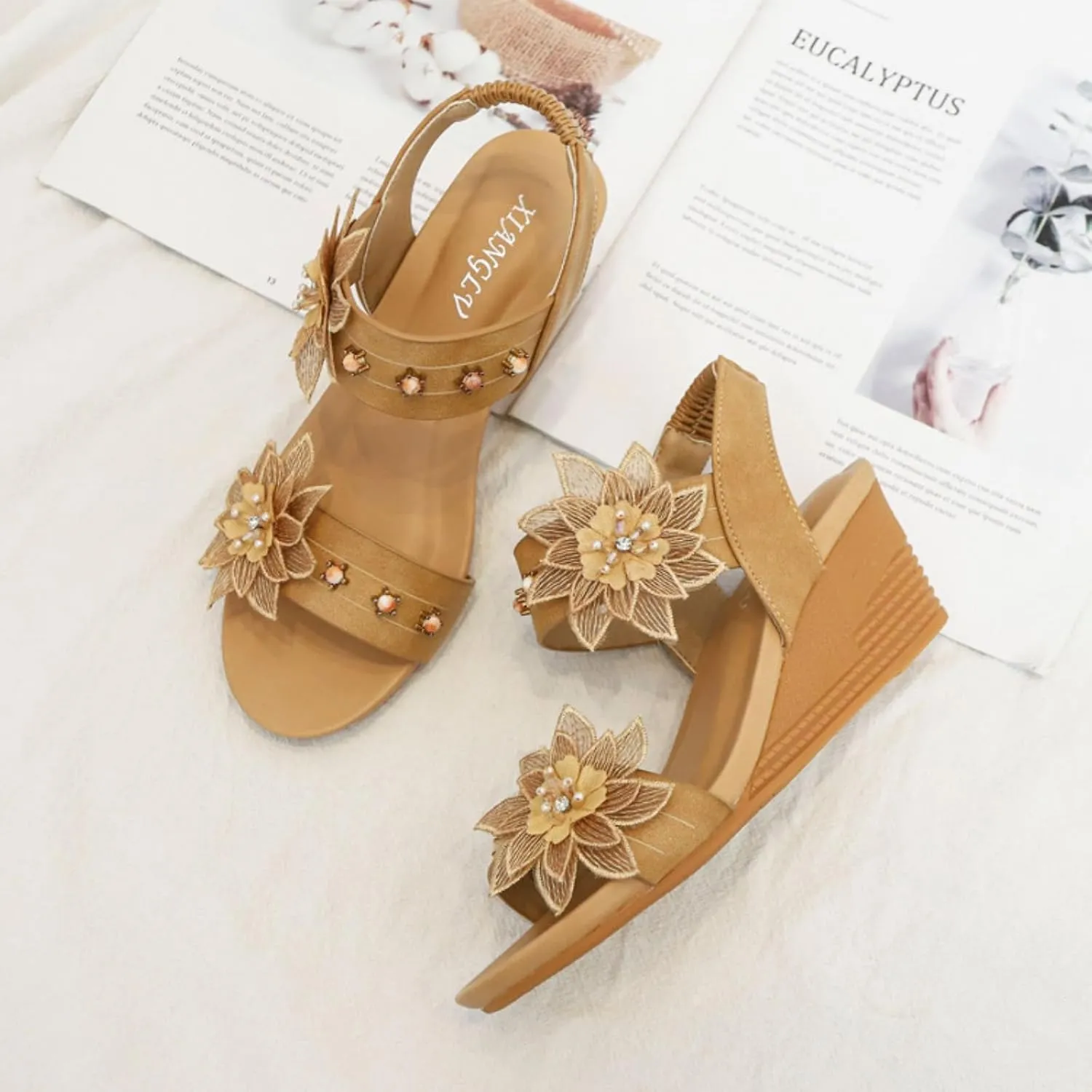 Womens Wedge High Heels Sandals Open Toe Elastic Ankle Strap Arch Support Bohemia Breathable Elegant Dream Sandals Comfortable Walking Slip on Shoes