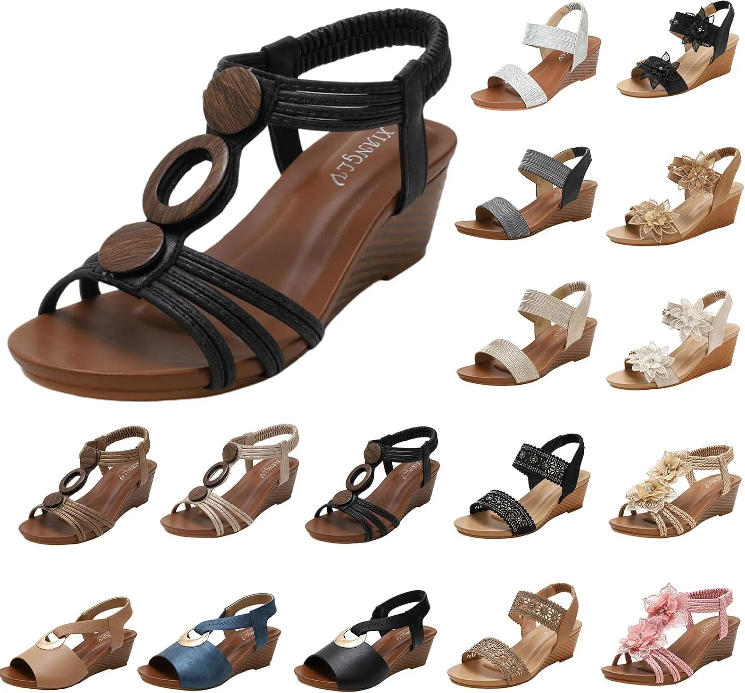 Womens Wedge High Heels Sandals Open Toe Elastic Ankle Strap Arch Support Bohemia Breathable Elegant Dream Sandals Comfortable Walking Slip on Shoes