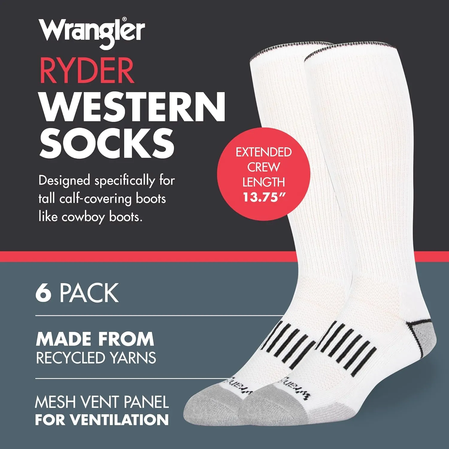 Wrangler Ryder Western Cowboy Boot Socks for Men - Over Calf, Cushioned Sole, Moisture-Wicking, Durable Design