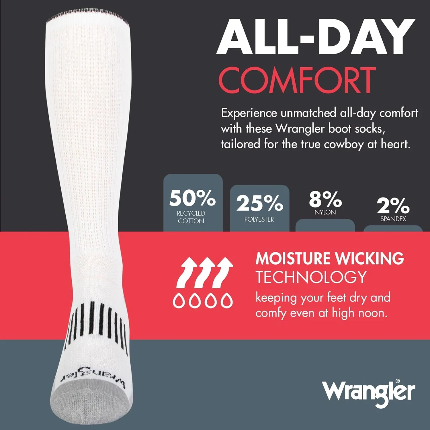 Wrangler Ryder Western Cowboy Boot Socks for Men - Over Calf, Cushioned Sole, Moisture-Wicking, Durable Design