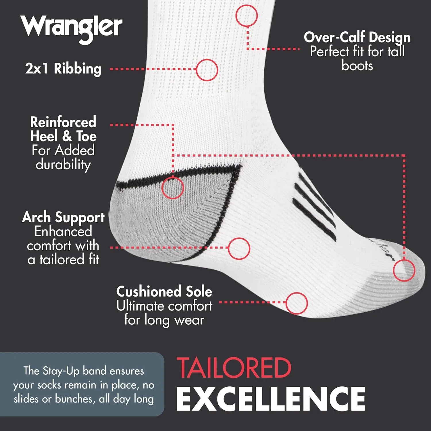 Wrangler Ryder Western Cowboy Boot Socks for Men - Over Calf, Cushioned Sole, Moisture-Wicking, Durable Design