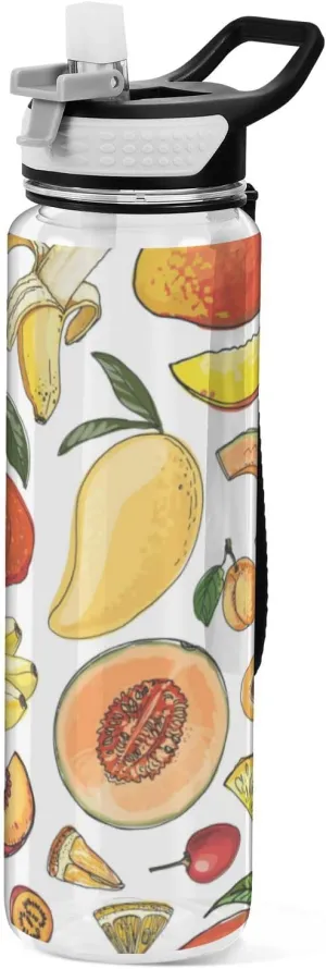 Wusikd Fruits Colored Water Bottle Tritan BPA-Free Drink and Straw Leakproof Motivational Sketch Of Food Drinking Water Bottles with Carrying Strap for Office, Gym, Outdoor Sports