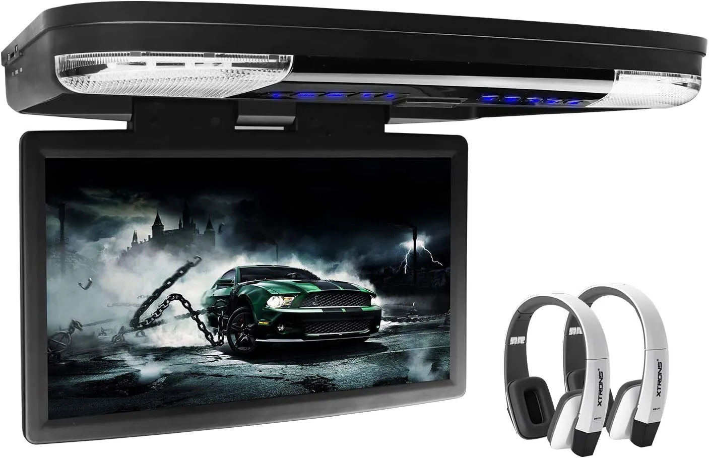 XTRONS® 15.6 Inch 1080P Video HD Digital Widescreen Car Overhead Coach Caravan Roof Flip Down DVD Player Game Disc HDMI Port New Version White IR Headphones Included