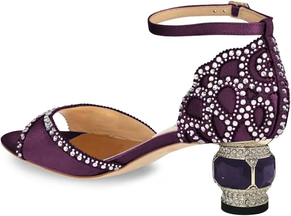 XYD Women Bridal Evening Heels Peep Toe Rhinestone Studs Block Low Heeled Sandals Ankle Strap Elegant Shoes for Wedding Party Dinner