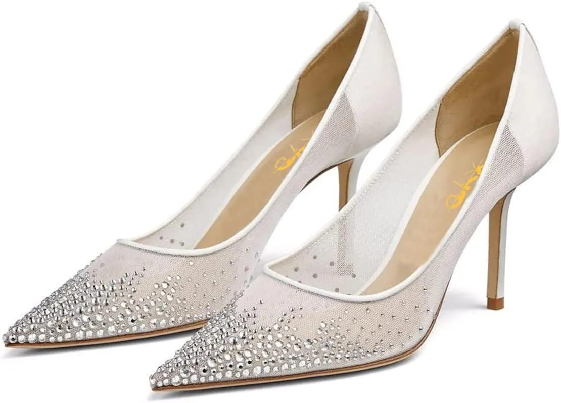 XYD Women Elegant High Heel Pumps Rhinestones Crystals Mesh Slip On Pointed Toe Evening Bridal Shoes