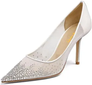 XYD Women Elegant High Heel Pumps Rhinestones Crystals Mesh Slip On Pointed Toe Evening Bridal Shoes