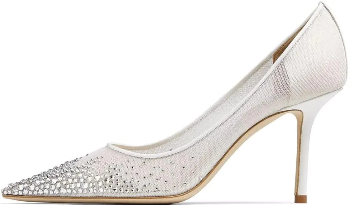 XYD Women Elegant High Heel Pumps Rhinestones Crystals Mesh Slip On Pointed Toe Evening Bridal Shoes