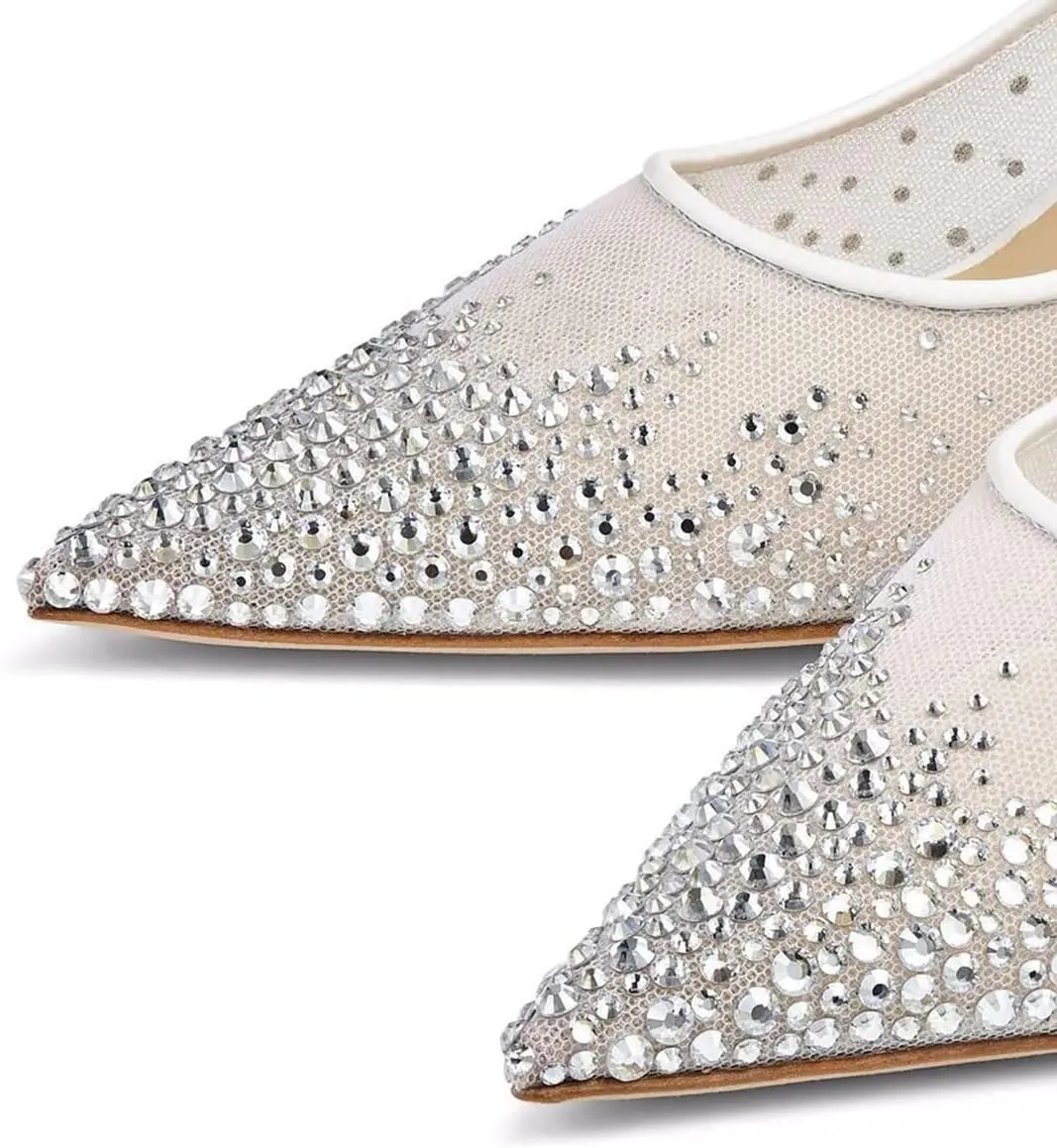 XYD Women Elegant High Heel Pumps Rhinestones Crystals Mesh Slip On Pointed Toe Evening Bridal Shoes