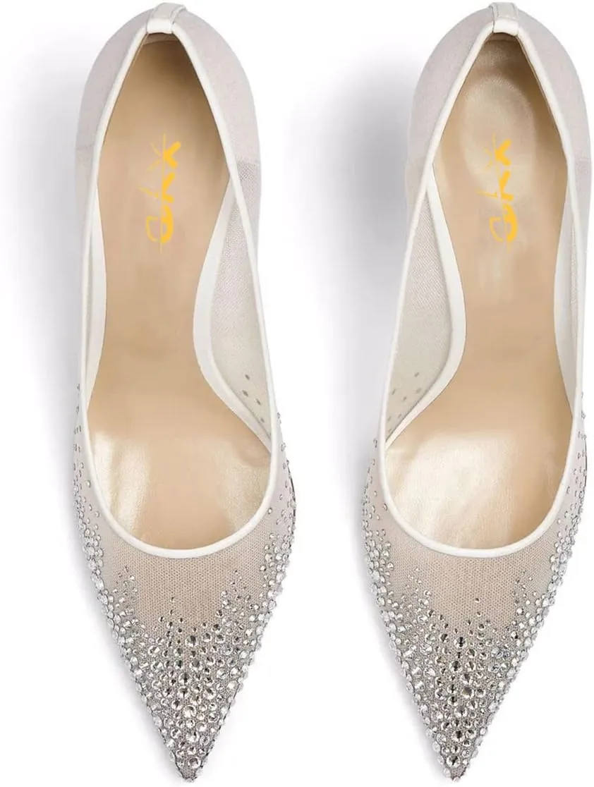 XYD Women Elegant High Heel Pumps Rhinestones Crystals Mesh Slip On Pointed Toe Evening Bridal Shoes