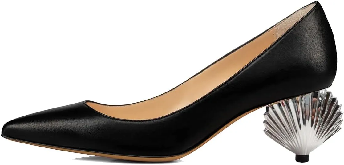 XYD Women Elegant Mid Scallop Shape Heel Slip On Closed Pointy Toe Pumps Party Event Office Work Shoes