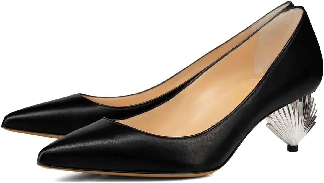 XYD Women Elegant Mid Scallop Shape Heel Slip On Closed Pointy Toe Pumps Party Event Office Work Shoes