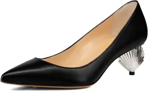 XYD Women Elegant Mid Scallop Shape Heel Slip On Closed Pointy Toe Pumps Party Event Office Work Shoes