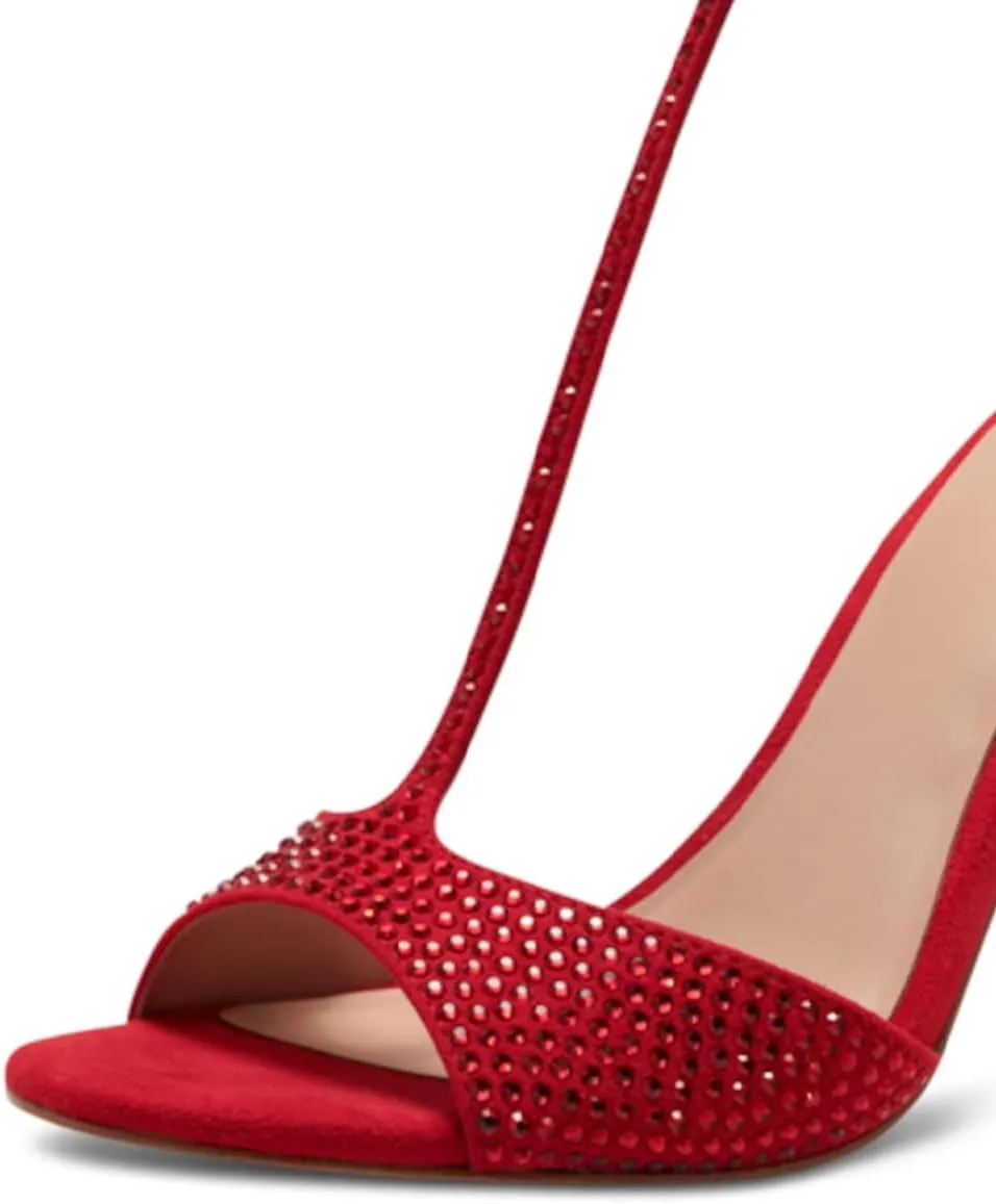 XYD Women Elegant T-Bar Sandals Open Toe Dazzling Crystal Studs Ankle Strap Block High Heels Evening Shoes