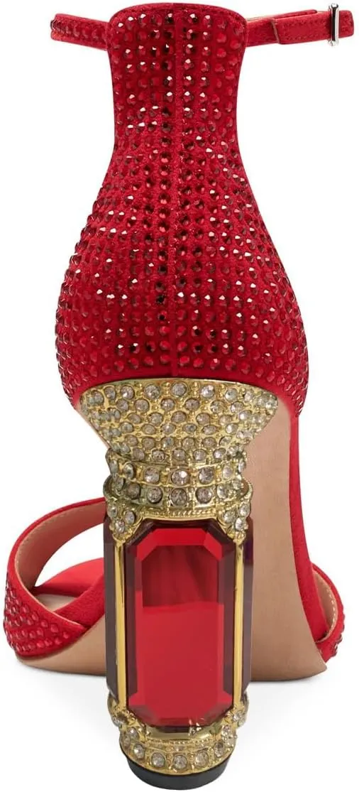 XYD Women Elegant T-Bar Sandals Open Toe Dazzling Crystal Studs Ankle Strap Block High Heels Evening Shoes